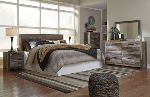 Derekson King Panel Headboard Bed with Mirrored Dresser, Chest and 2 Nightstands