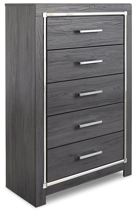 Lodanna Full Upholstered Panel Headboard Bed with Mirrored Dresser, Chest and Nightstand