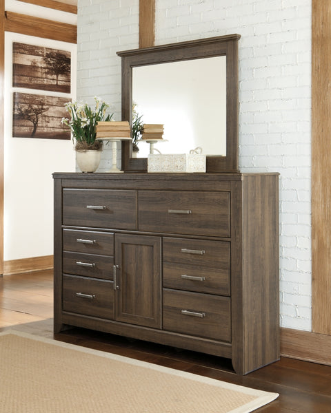 Juararo Queen Panel Headboard Bed with Mirrored Dresser and Chest