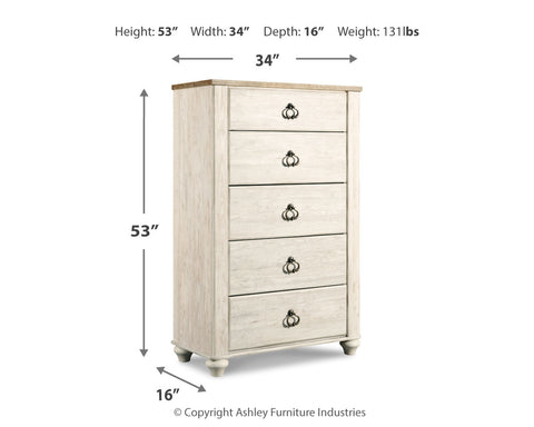 Willowton California King Panel Bed with Mirrored Dresser, Chest and Nightstand