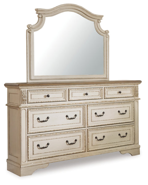 Realyn California King Upholstered Panel Bed with Mirrored Dresser and 2 Nightstands