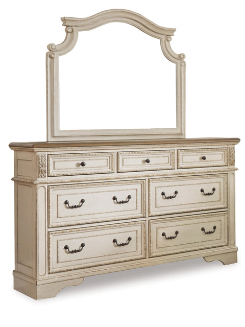 Realyn California King Upholstered Panel Bed with Mirrored Dresser and Chest