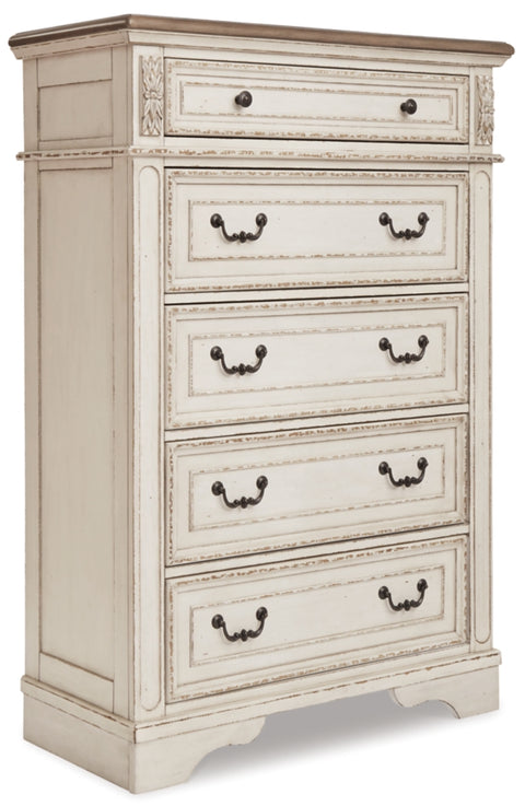 Realyn King Upholstered Panel Bed with Mirrored Dresser and Chest
