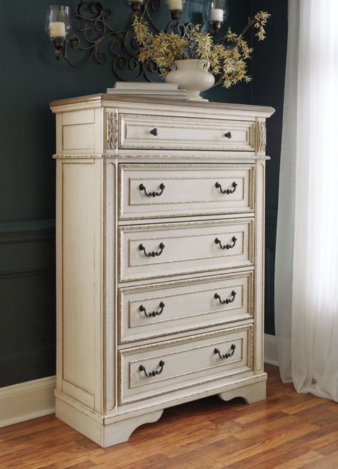 Realyn California King Upholstered Panel Bed with Mirrored Dresser and Chest