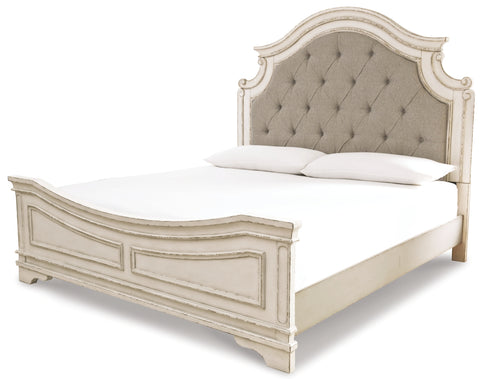 Realyn California King Upholstered Panel Bed with Mirrored Dresser and Chest
