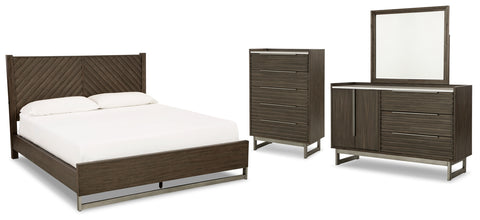 Arkenton California King Panel Bed with Mirrored Dresser and Chest