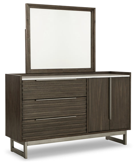 Arkenton California King Panel Bed with Mirrored Dresser, Chest and Nightstand